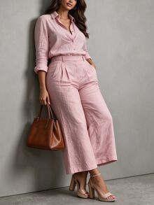 SHEIN LUNE Casual Pink Long Sleeve Button-Down Shirt And Pants 2 Pieces Set, Plus Size Women, Spring/Autumn/Winter Fall - Pink - View 3