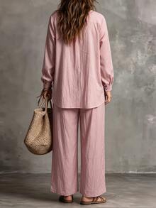 SHEIN LUNE Casual Pink Long Sleeve Button-Down Shirt And Pants 2 Pieces Set, Plus Size Women, Spring/Autumn/Winter Fall - Pink - View 2