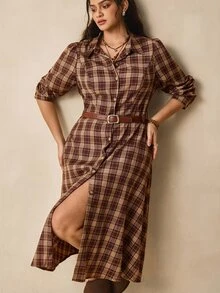 Nubod 大尺碼女款復古格紋新款秋季中長洋裝，領口設計、長袖、前排鈕扣、A字版型、收腰，簡約休閒度假風，適合四季穿著 - 棕色 - 查看 3
