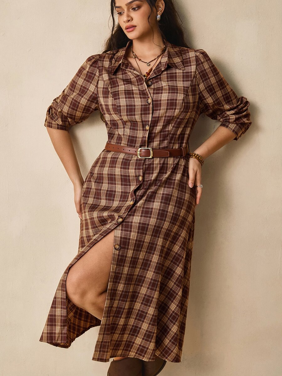 Nubod Plus Size Women Vintage Plaid New Fall Midi Dress Collared Long Sleeve Button Front A-Line Cinched Waist Simple Casual Vacation Suitable For All Seasons - Brown - View 1