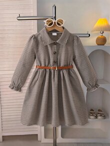 SHEIN 女童單件格紋襯衫洋裝，復古公主風，挺挺領口配前開鈕扣，燈籠袖，附可拆卸棕色腰帶，秋季款 - 咖啡 - 查看 3
