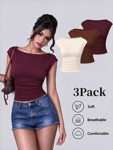 Sweetra 3pcs/Set Sexy Backless Breathable Moisture-Wicking Fitted Short Sleeve Top/T-Shirt For Women - Multicolor - View 6