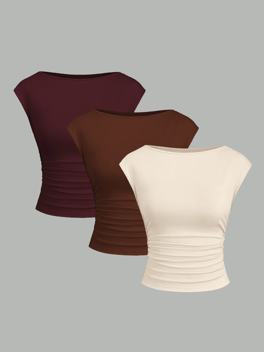 Sweetra 3pcs/Set Sexy Backless Breathable Moisture-Wicking Fitted Short Sleeve Top/T-Shirt For Women - Multicolor - View 1