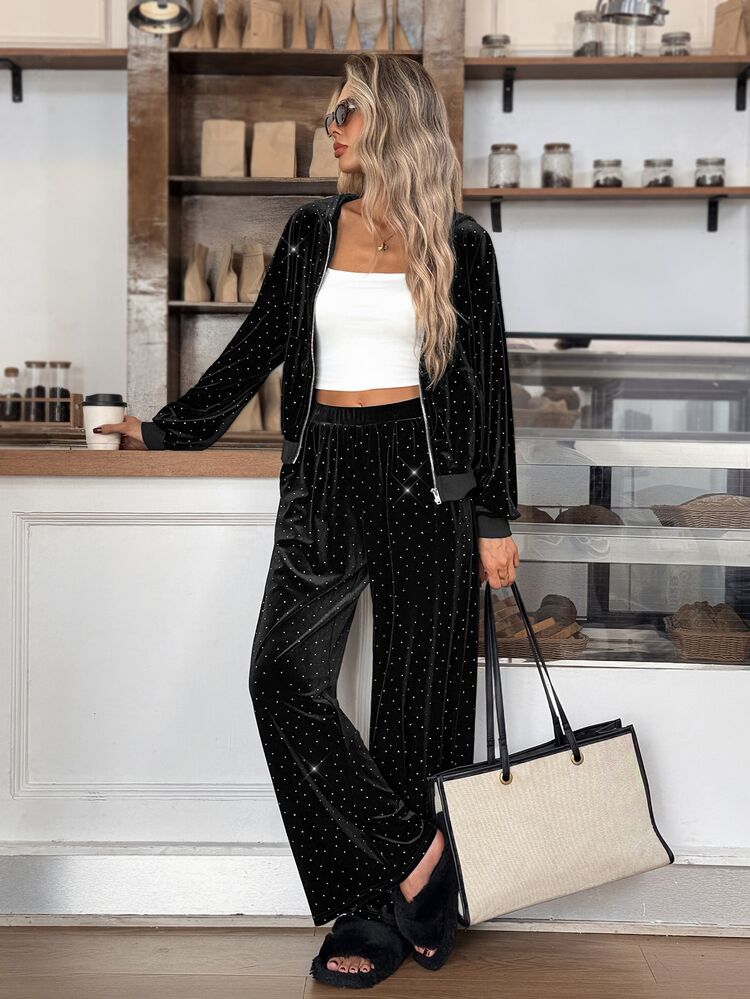 Easowa Women's Rhinestone Zipper Hooded Sweatshirt And Long Pants Casual 2 Pieces Set - Black - View 3
