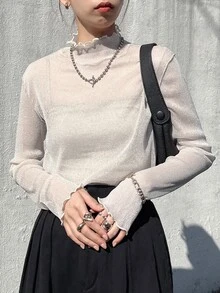 FRIFUL 女款網紗底層 T-shirt 假領透視上衣 秋季疊穿薄款長袖上衣 - 白色 - 查看 4