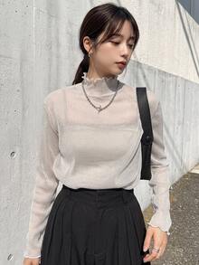FRIFUL 女款網紗底層 T-shirt 假領透視上衣 秋季疊穿薄款長袖上衣 - 白色 - 查看 7