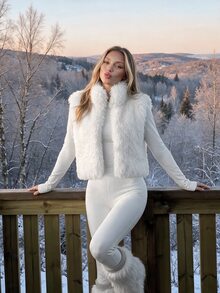 SHEIN ICON Women's Fashion High Neck Faux Fur Vest Jacket - Beige - View 3