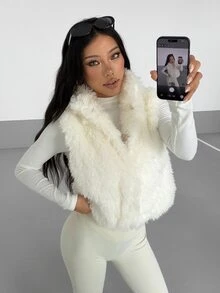 SHEIN ICON Women's Fashion High Neck Faux Fur Vest Jacket - Beige - View 6