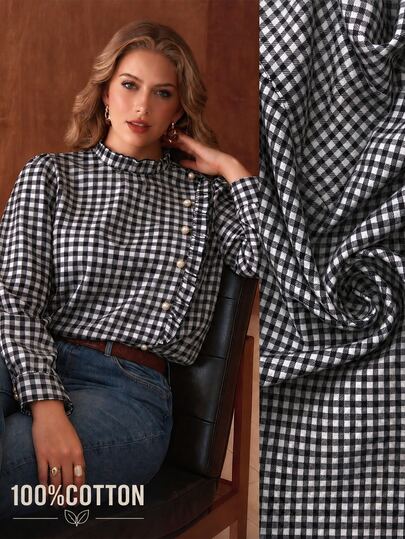 Roveilla Plus Size Plaid Woven Blouse,Long Sleeve Ruffles Stand Collar Checkered Top,Elegant Black And White Gingham Autumn Office Back-To-School Women Tops