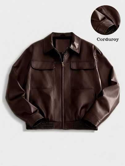 COMVAIL Men's Plus Size Fashion Solid Color PU Leather Zipper Front Cargo Pocket Jacket , Beach Vacation Dark Brown Autumn Street Casual, Big And Tall Jacket