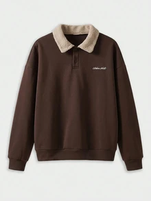 COMVAIL Men's Spring/Autumn Casual Loose Fit Plus Size Pullover Sweatshirt, Coffee Brown, Polo Collar, Embroidered Halloween Winter Party Autumn  - Coffee Brown - View 1