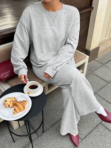 Livesso 大尺碼女款長袖上衣與寬鬆長褲兩件套 灰色 秋季休閒居家早午餐穿著 寬鬆版型 - 灰色 - 查看 3