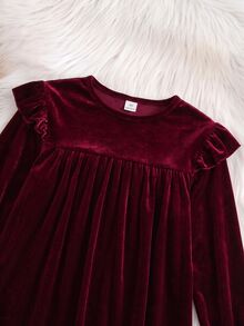 Tween Girl Velvet Cute Versatile Flutter Sleeve Long Sleeve Ruffle Hem Christmas Dress, Suitable For Daily Wear, Christmas, Parties, Birthdays, Holidays And More - Burgundy - View 5