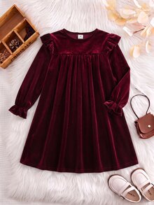 Tween Girl Velvet Cute Versatile Flutter Sleeve Long Sleeve Ruffle Hem Christmas Dress, Suitable For Daily Wear, Christmas, Parties, Birthdays, Holidays And More - Burgundy - View 4
