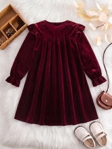 Tween Girl Velvet Cute Versatile Flutter Sleeve Long Sleeve Ruffle Hem Christmas Dress, Suitable For Daily Wear, Christmas, Parties, Birthdays, Holidays And More - Burgundy - View 3