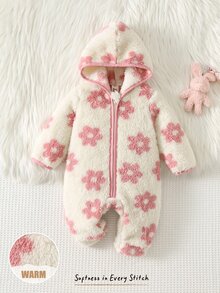 Cozy Pixies 新生兒嬰兒睡衣 粉色花卉毛絨加厚連帽長袖冬季連身衣，百搭舒適 - 粉色 - 查看 2