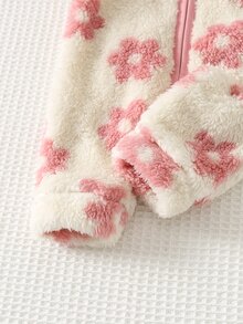 Cozy Pixies 新生兒嬰兒睡衣 粉色花卉毛絨加厚連帽長袖冬季連身衣，百搭舒適 - 粉色 - 查看 6