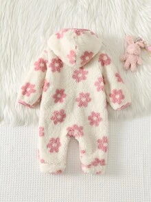Cozy Pixies 新生兒嬰兒睡衣 粉色花卉毛絨加厚連帽長袖冬季連身衣，百搭舒適 - 粉色 - 查看 3