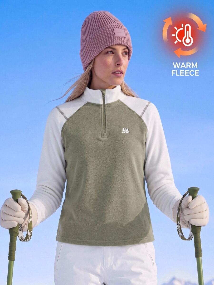 In My Nature Women's Fleece Jacket Half Zip Sage Green White Colorblock Raglan Long Sleeve Stand Collar Warm Pullover All Season For Hiking Camping Skiing Outdoor - Multicolor - View 1