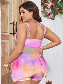 Swim Mod 2 Pieces Plus Size Women Tie Dye V-Neck Camouflage Print Modest Bikini Summer - Pink - View 2