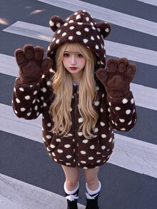 SHEIN 2件組 青少年女孩冬季可愛甜美波點印花毛絨口袋 3D熊耳設計帽子與夾克外套 - 棕色 - 查看 2