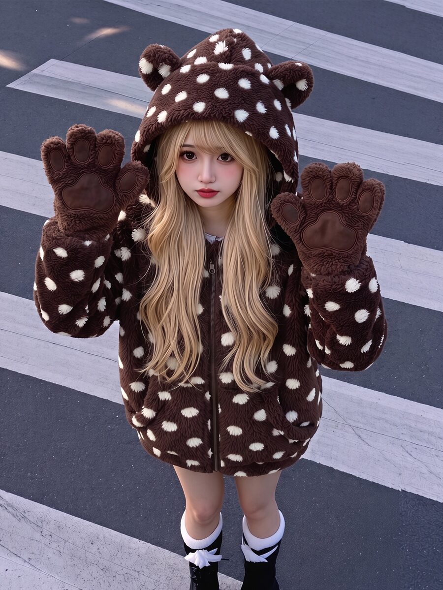 SHEIN 2pcs/Set Tween Girl Winter Cute Sweet Polka Dot Print Plush Pocket 3D Bear Ear Design Hat & Jacket Coat - Brown - View 1
