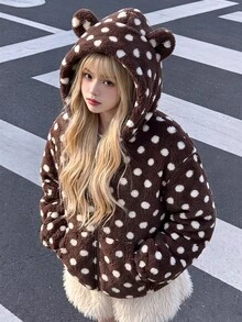 SHEIN 2件組 青少年女孩冬季可愛甜美波點印花毛絨口袋 3D熊耳設計帽子與夾克外套 - 棕色 - 查看 1