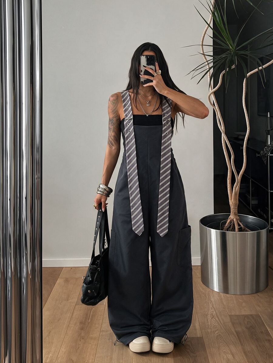 StreetHx High Street Tie Strap Overall Jumpsuit For Women Fall New Style Large Pockets Cargo Style Loose Drape Wide Leg One-Piece Everyday Dark Grey 2000s Y2k - Dark Grey - View 1