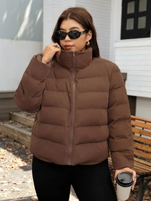 SHEIN LUNE Plus Size Winter Casual Versatile Warm Jacket - Coffee Brown - View 8