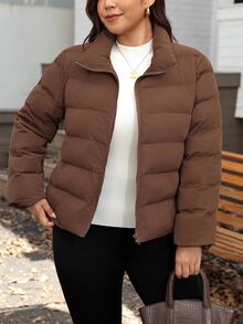 SHEIN LUNE Plus Size Winter Casual Versatile Warm Jacket - Coffee Brown - View 3
