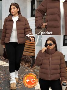 SHEIN LUNE Plus Size Winter Casual Versatile Warm Jacket - Coffee Brown - View 1