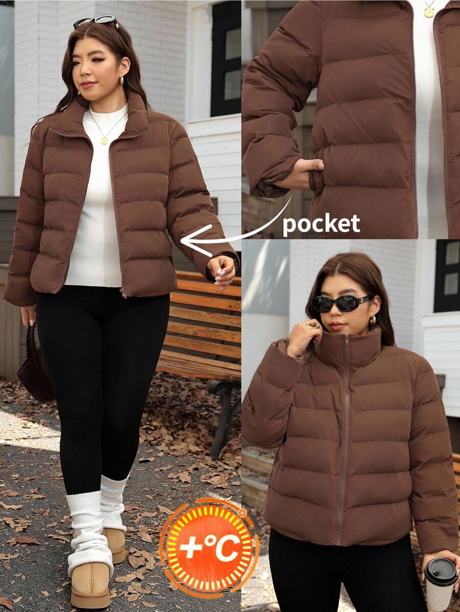 SHEIN LUNE Plus Size Winter Casual Versatile Warm Jacket - Coffee Brown - View 1