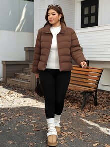 SHEIN LUNE Plus Size Winter Casual Versatile Warm Jacket - Coffee Brown - View 6