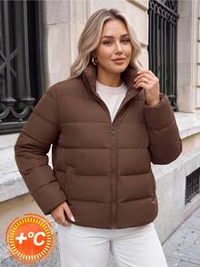 SHEIN LUNE Plus Size Winter Casual Versatile Warm Jacket - Coffee Brown - View 9
