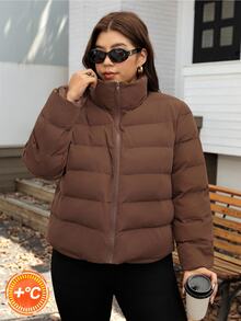 SHEIN LUNE Plus Size Winter Casual Versatile Warm Jacket - Coffee Brown - View 7