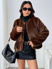 SHEIN PariChic Women's Solid Color Fashion Versatile Winter Faux Fur Coat Christmas New Year Night Dark Brown Elegant - Coffee Brown - View 5