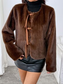 SHEIN PariChic Women's Solid Color Fashion Versatile Winter Faux Fur Coat Christmas New Year Night Dark Brown Elegant - Coffee Brown - View 7