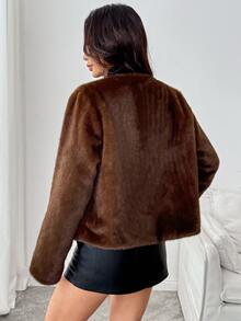 SHEIN PariChic Women's Solid Color Fashion Versatile Winter Faux Fur Coat Christmas New Year Night Dark Brown Elegant - Coffee Brown - View 2