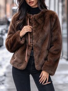 SHEIN PariChic Women's Solid Color Fashion Versatile Winter Faux Fur Coat Christmas New Year Night Dark Brown Elegant - Coffee Brown - View 8