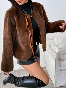 SHEIN PariChic Women's Solid Color Fashion Versatile Winter Faux Fur Coat Christmas New Year Night Dark Brown Elegant - Coffee Brown - View 4