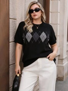Seusyu Plus Size Women's Geometric Print Casual Daily Pullover Sweater - Grey - View 1