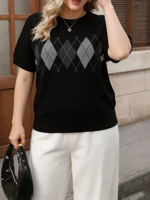 Seusyu Plus Size Women's Geometric Print Casual Daily Pullover Sweater - Grey - View 3