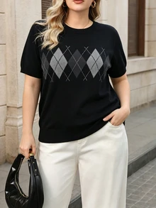 Seusyu Plus Size Women's Geometric Print Casual Daily Pullover Sweater - Grey - View 4
