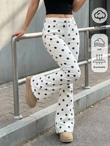 SHEIN 女童白色波點牛仔喇叭褲 Y2K 時尚風格 秋季萬聖節節慶穿搭 返校季新年生日套裝 - 白色 - 查看 1