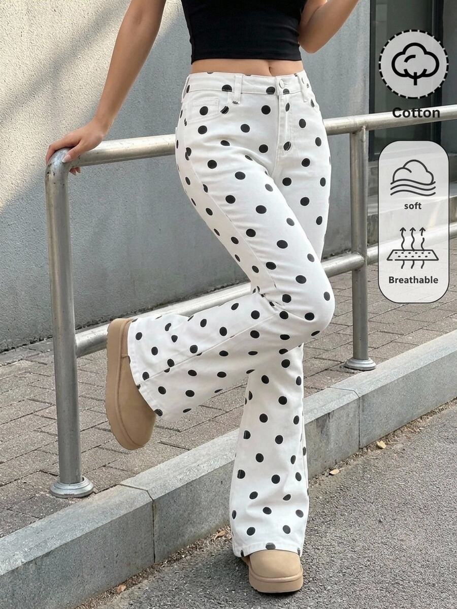 SHEIN 女童白色波點牛仔喇叭褲 Y2K 時尚風格 秋季萬聖節節慶穿搭 返校季新年生日套裝 - 白色 - 查看 1