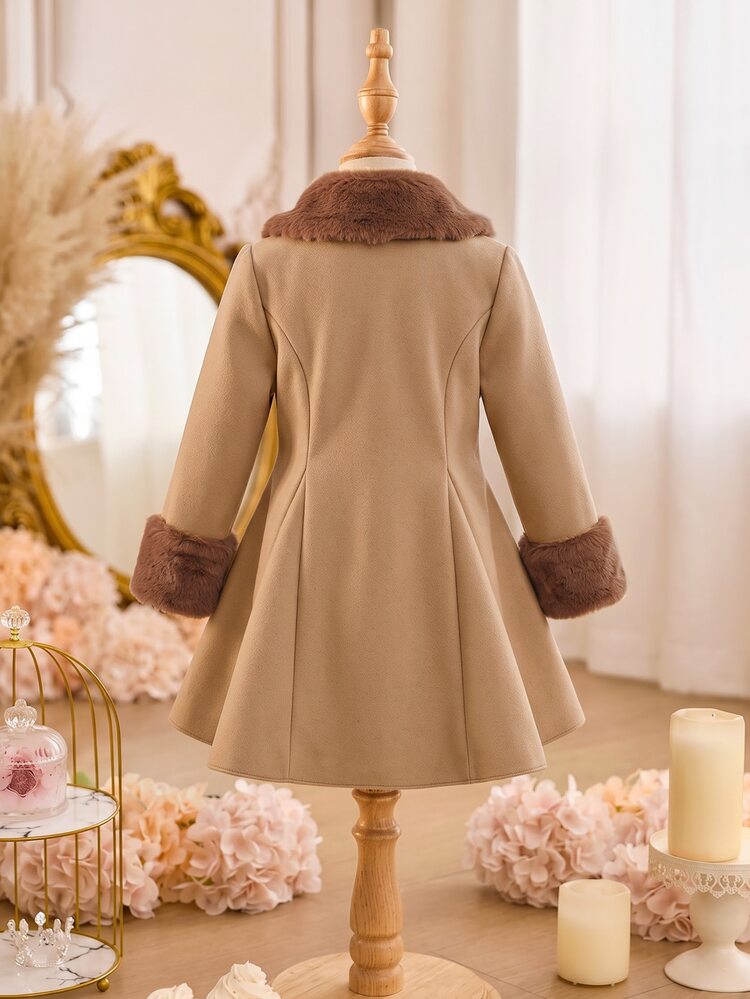 SHEIN Elladie kids Girls' Baby White Wool Blend Coat With Plush Oversized Collar And Cuffs, Double-Breasted Pearl Buttons, A-Line Flared Silhouette, Party Wear Autumn - Khaki - View 2