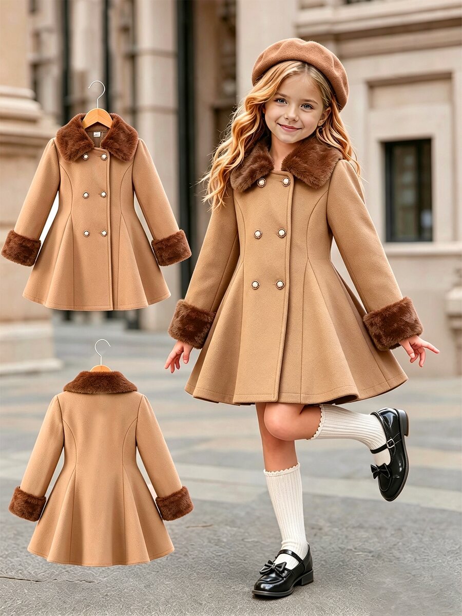 SHEIN Elladie kids 女嬰白色羊毛混紡大衣,毛絨大領口與袖口,雙排珍珠鈕扣,A字喇叭版型,秋季派對穿搭 - 卡其色 - 查看 1