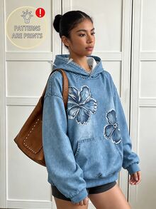 SHEIN Teen Girls Floral Studded Print Sweatshirt Casual Loose Fit Pullover Sweatshirt - Blue - View 3