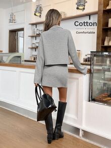 Easowa Women's Solid Color Long Sleeve Top And Mini Skirt Casual 2 Pieces Set - Grey - View 7