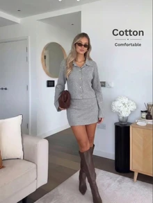 Easowa Women's Solid Color Long Sleeve Top And Mini Skirt Casual 2 Pieces Set - Grey - View 1